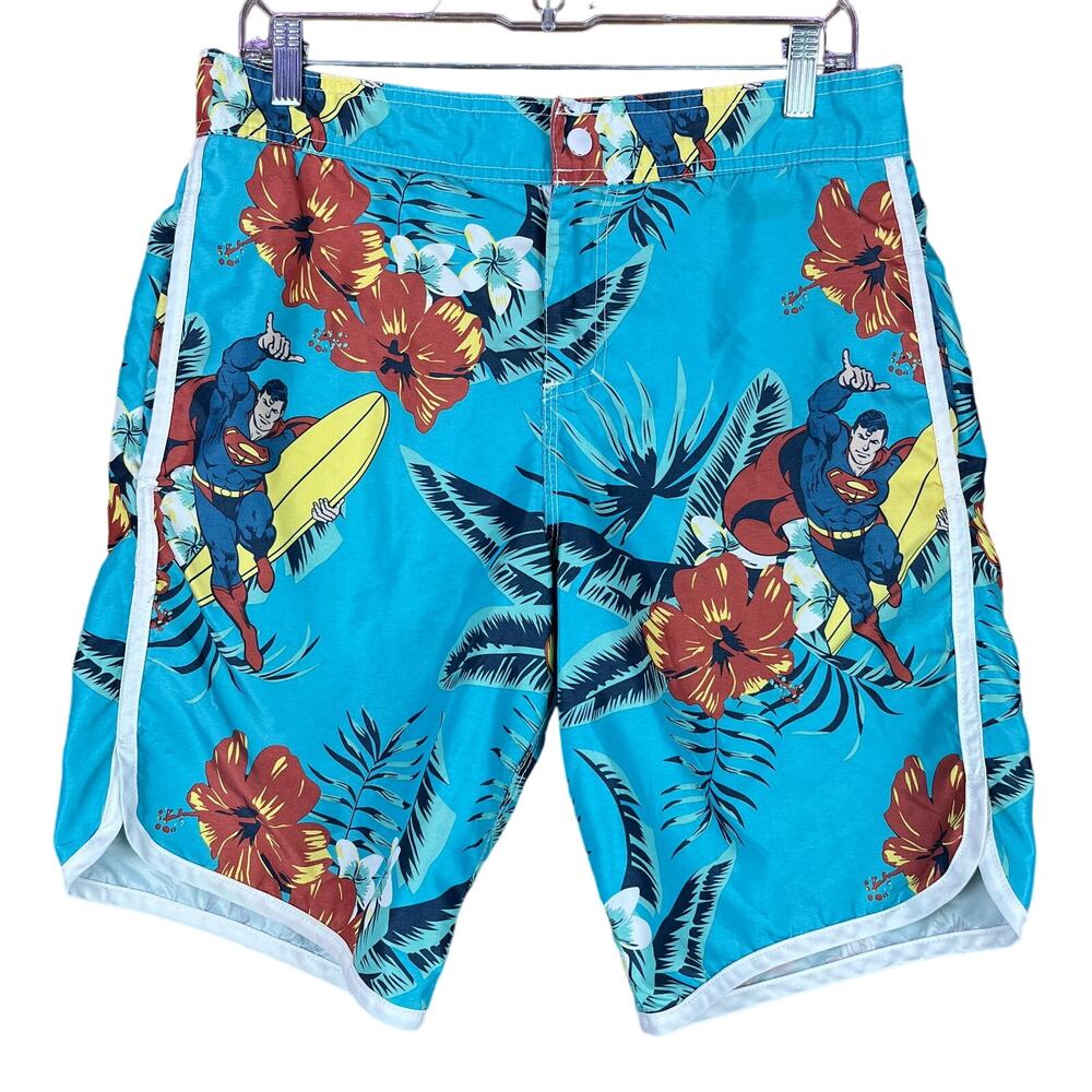 Superman Mens Swim Trunks Blue Floral Pattern Mesh Lined Pockets Small